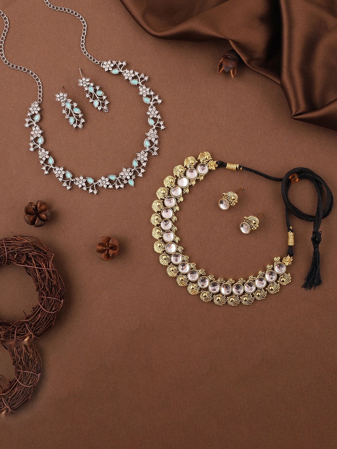 

Lyriss Set Of 2 Gold & Silver-Plated American Diamond-Studded Jewellery Set