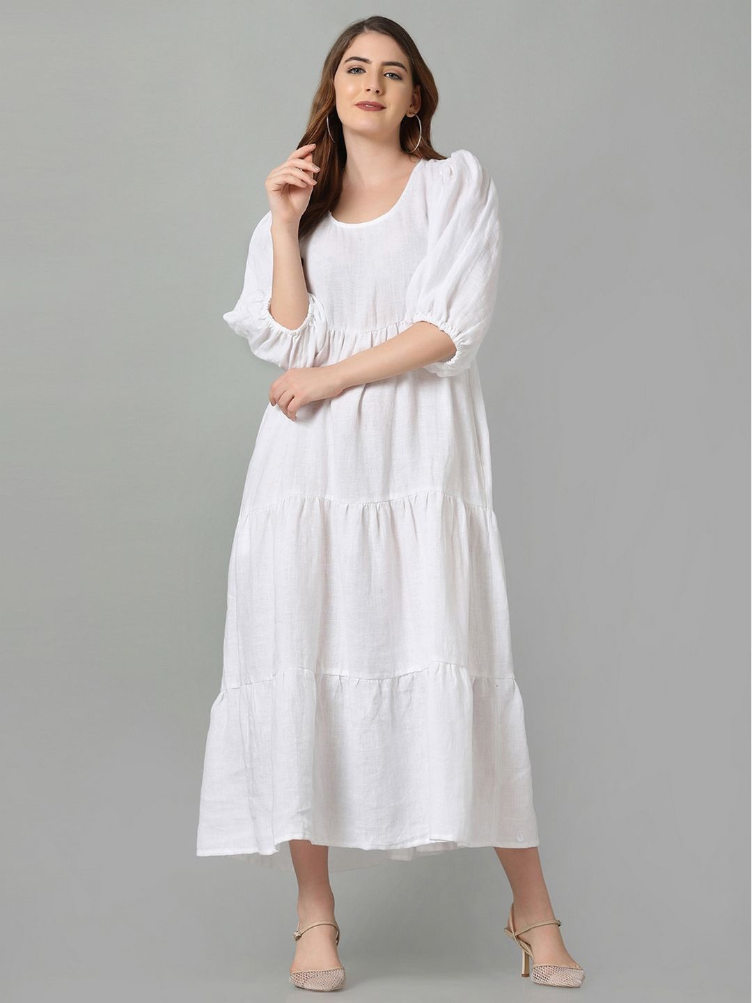 

ECO LEAS BY SHIPRA Puff Sleeve Linen Maxi Dress, White