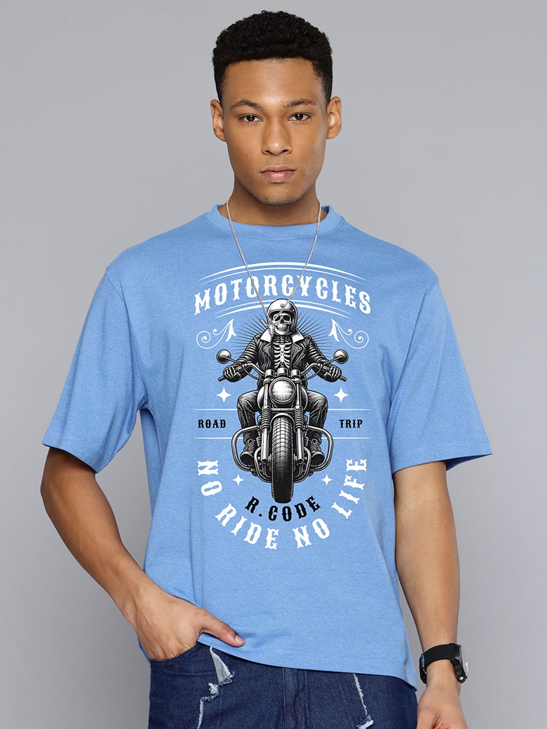 

R.Code by The Roadster Lifestyle Co. Men Graphic Printed Cotton Relaxed Fit T-shirt, Blue