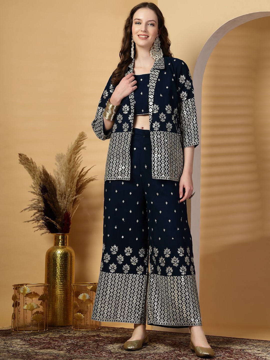 

Clora Creation Round Neck Top With Palazzos Co-Ords, Blue