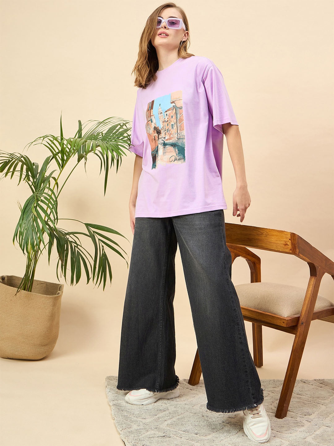 

Mast & Harbour Women Printed Drop-Shoulder Sleeves T-shirt, Purple