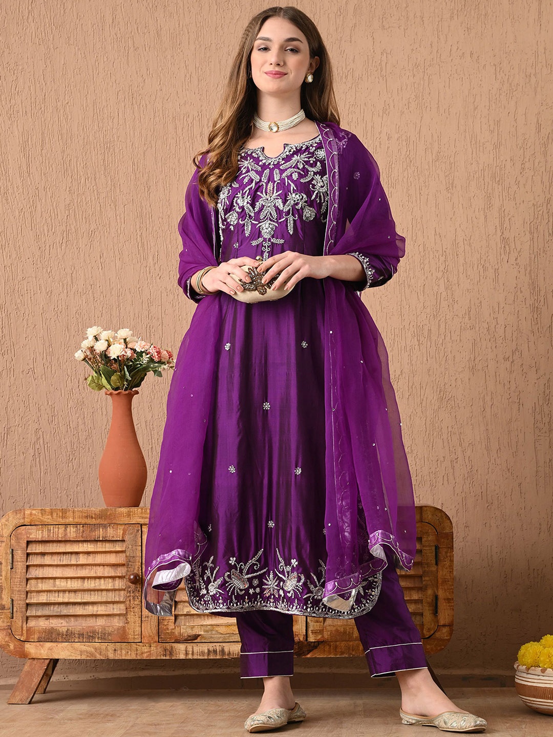 

ZARIKALI Women Floral Embroidered Regular Zardozi Pure Silk Kurta with Trousers & With Dupatta, Purple