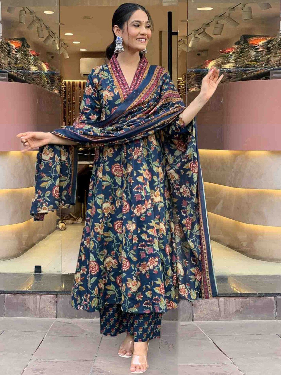 

KALINI Women Floral Printed Regular Mirror Work Kurta with Palazzos & With Dupatta, Blue