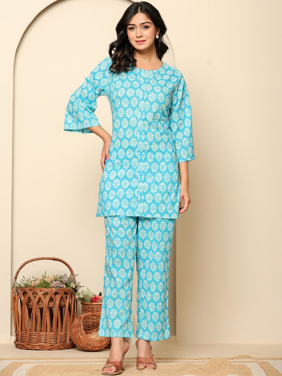 

Rouhab Printed Pure Cotton Round Neck Top With Trousers Co-Ords Set, Blue