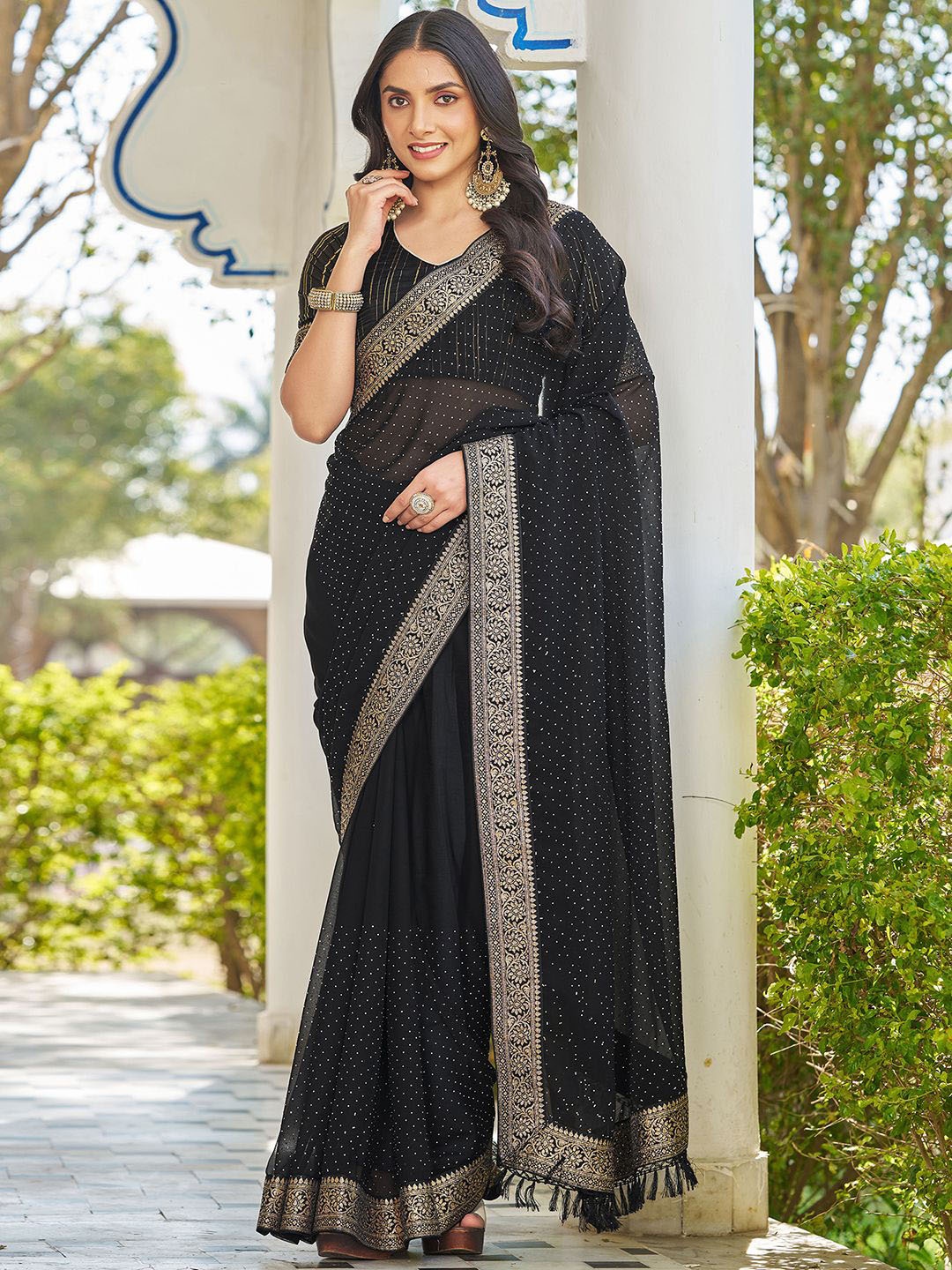 

all about you Embellished Zari Pure Georgette Paithani Saree, Black