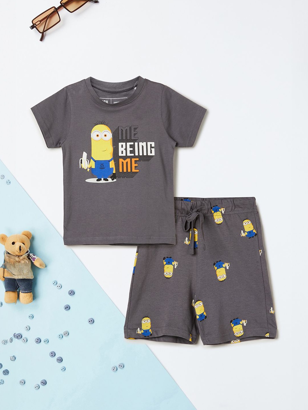 

max Boys Printed T-shirt with Shorts, Grey