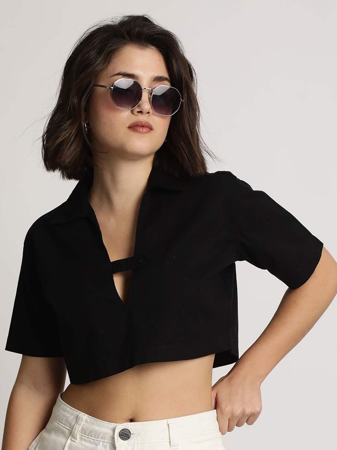 

IVOC Cotton Boxy Crop Top, Black