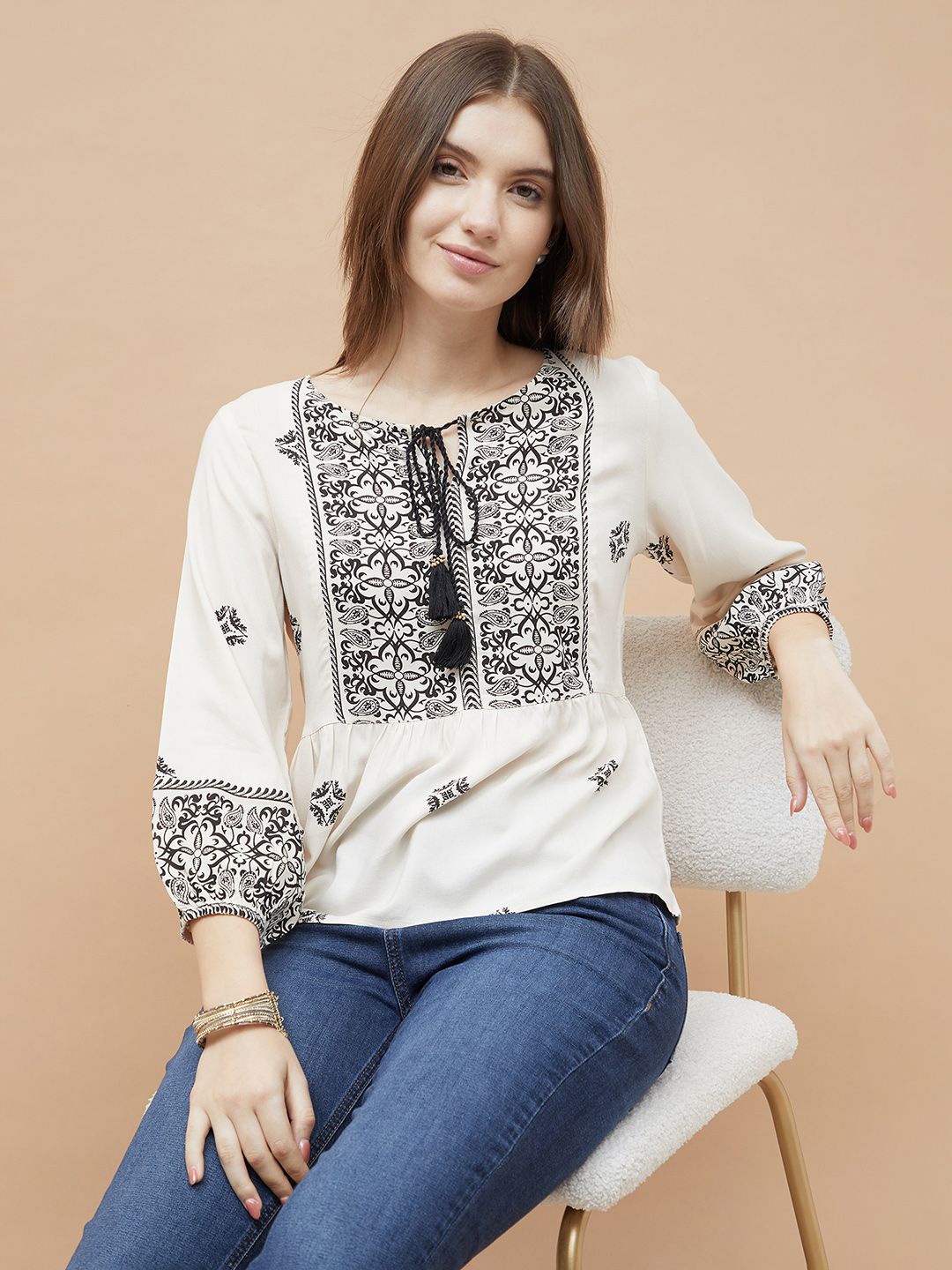 

Fame Forever by Lifestyle Print Tie-Up Neck Top, Black