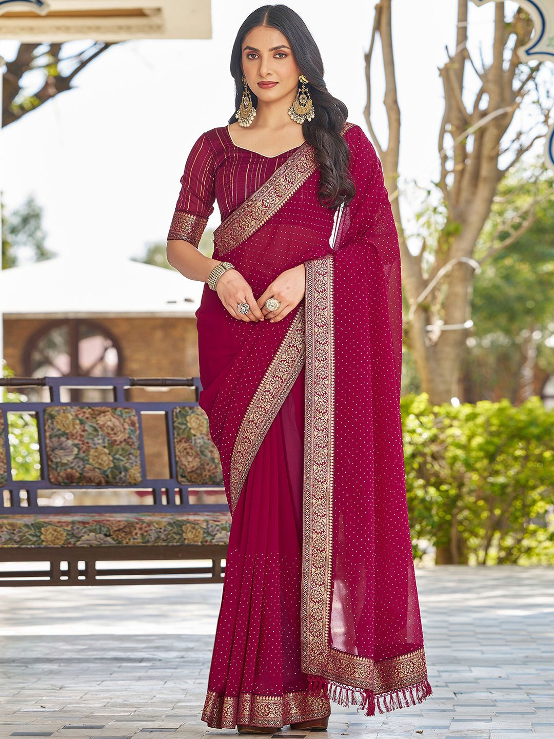 

all about you Embellished Zari Pure Georgette Paithani Saree, Pink