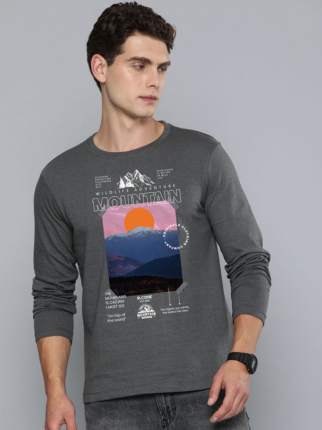 

R.Code by The Roadster Lifestyle Co. Men Graphic Printed Round Neck Cotton T-shirt, Grey