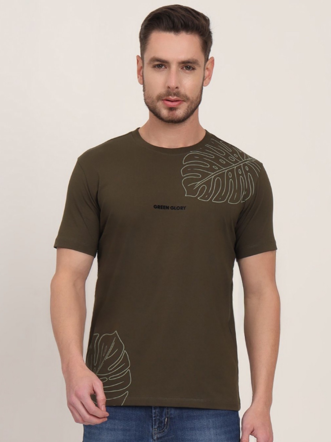 

JADE BLUE Men Printed Raw Edge Slim Fit T-shirt, Olive