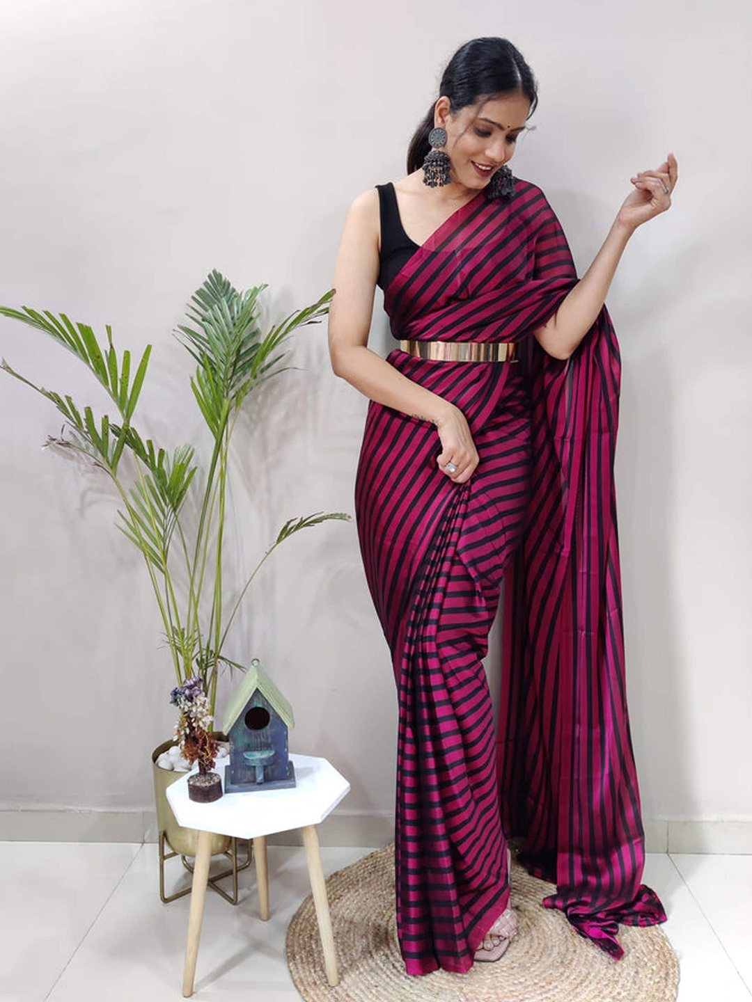 

HERE&NOW Striped Satin Ready to Wear Saree, Pink