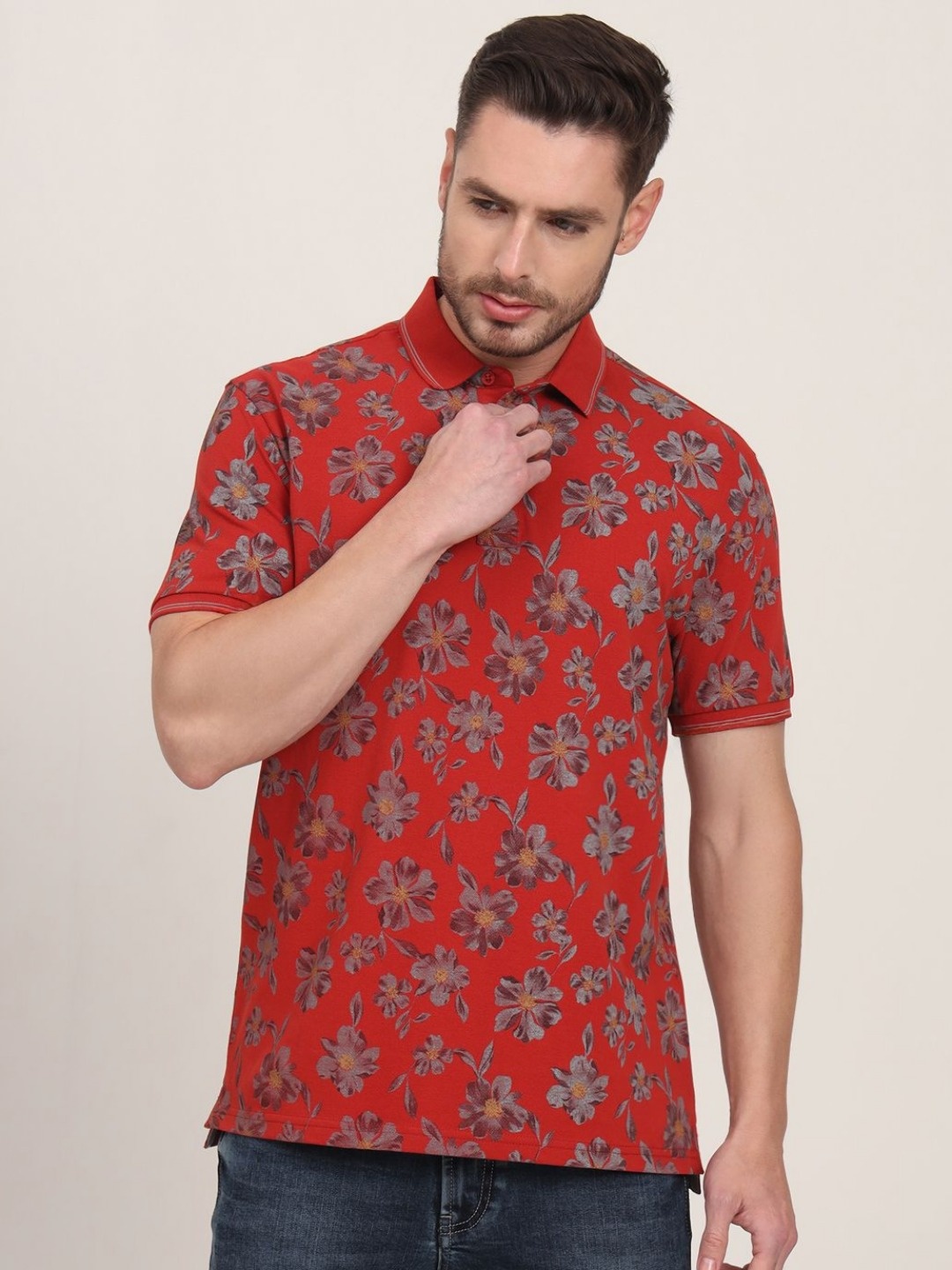 

JADE BLUE Men Floral Printed Polo Collar Pockets Slim Fit T-shirt, Rust