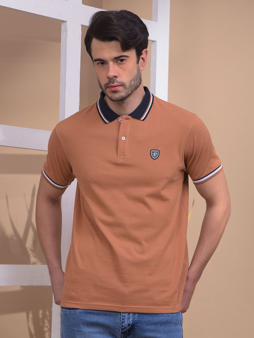 

COBB Men Polo Collar Applique T-shirt, Brown