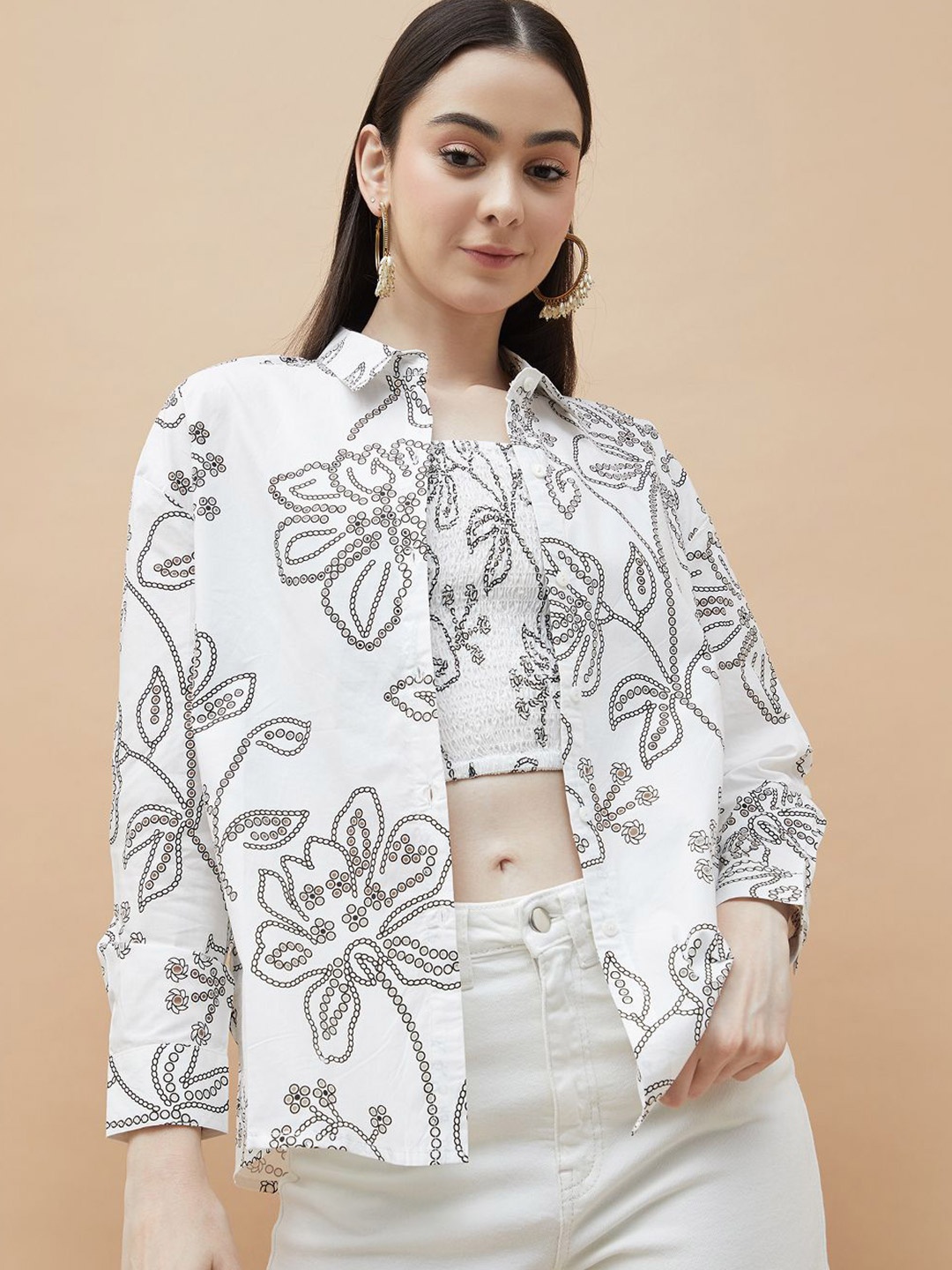 

Colour Me by Melange Floral Print Cotton Top, White