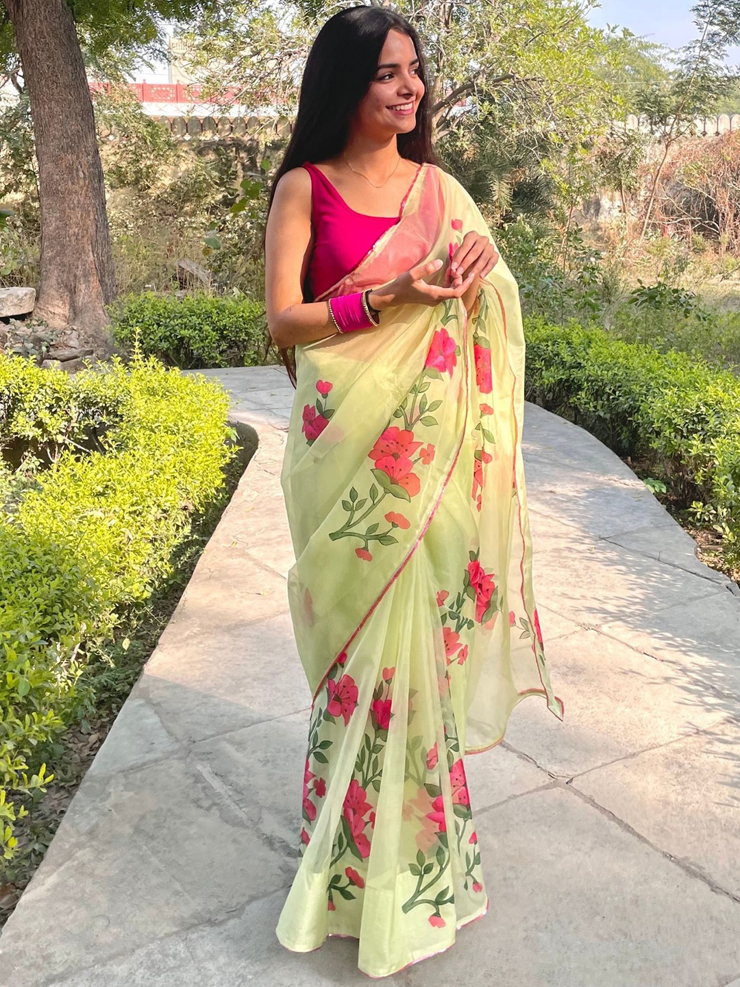 

Noor by Hansa Pistachio Green Hand-Painted Organza Silk Saree
