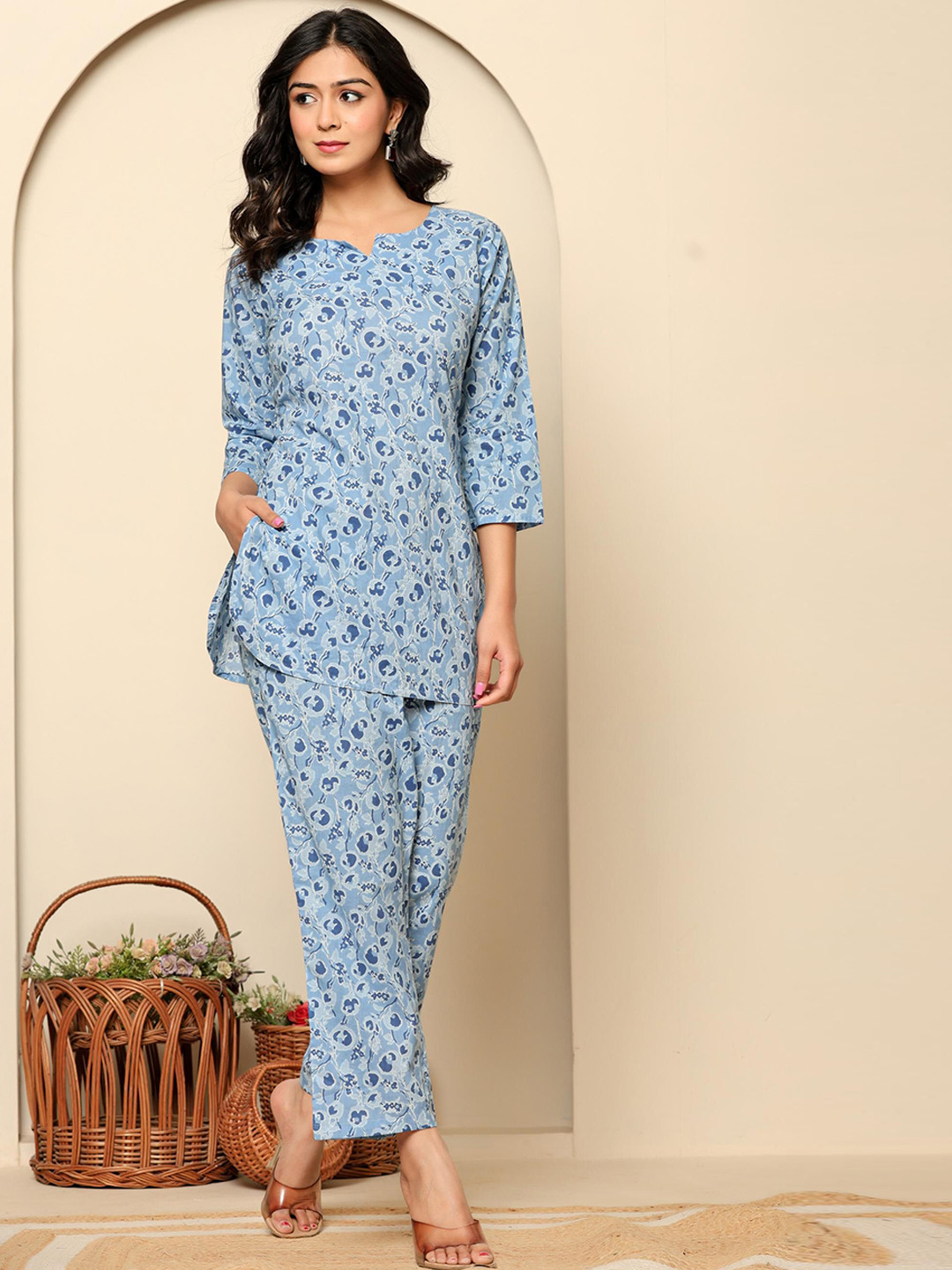 

Rouhab Floral Printed Cotton Top With Trousers Co-Ords, Blue