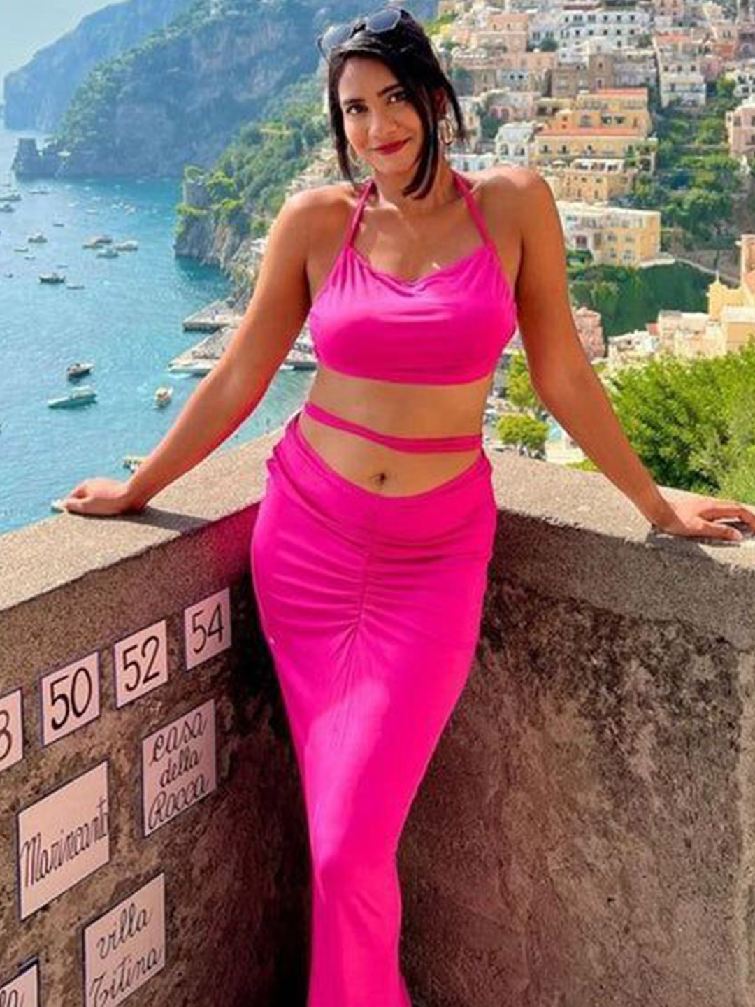 

PANKH Halter Neck Top With Skirt Co-Ords, Pink