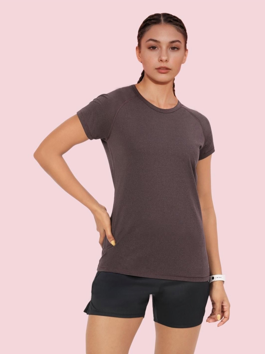 

Enamor Women Extended Sleeves Dri-FIT Pockets Slim Fit T-shirt, Brown