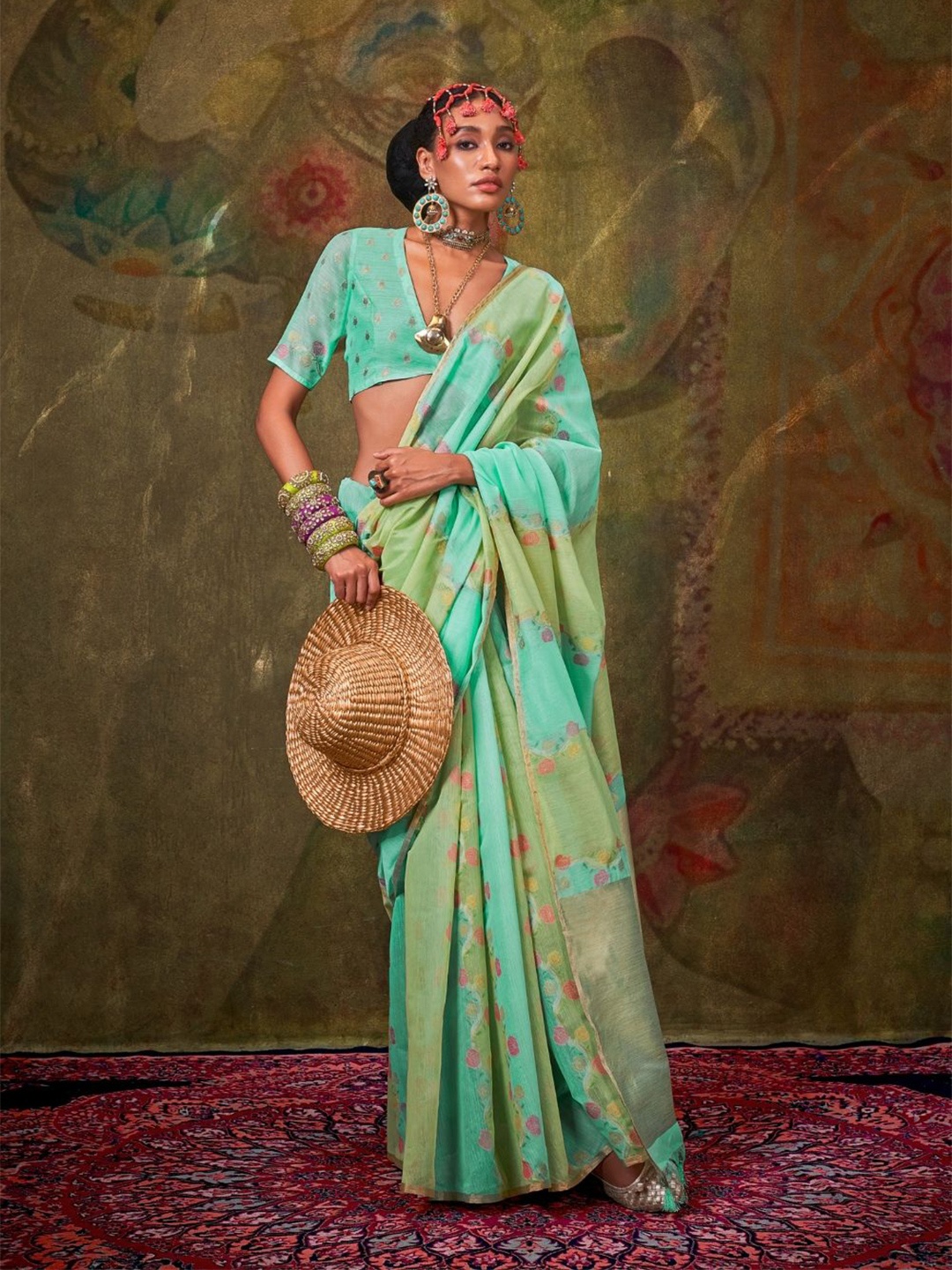 

BLENDIFY Floral Zari Silk Blend Banarasi Saree, Teal