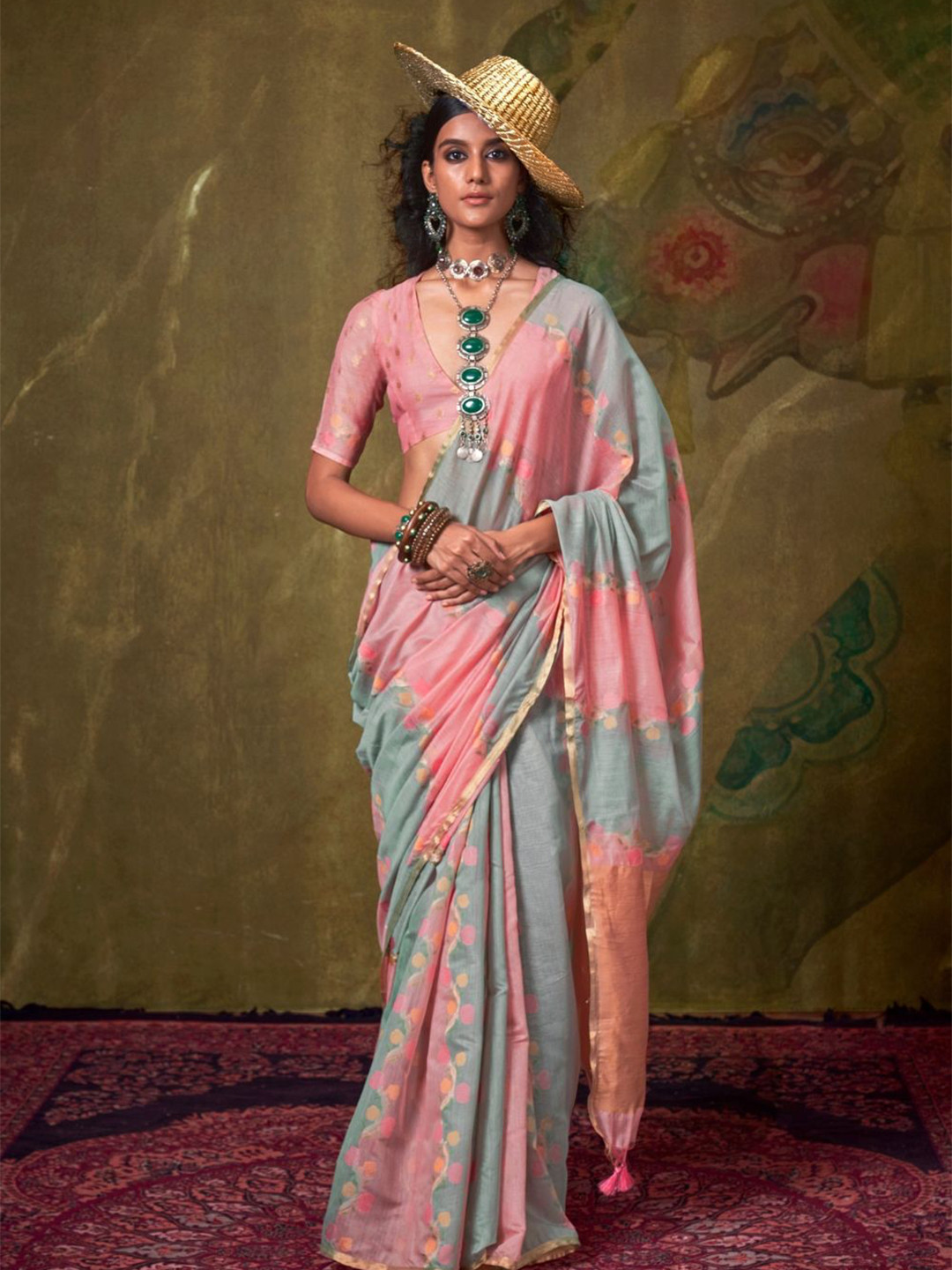 

BLENDIFY Floral Zari Silk Blend Banarasi Saree, Rose