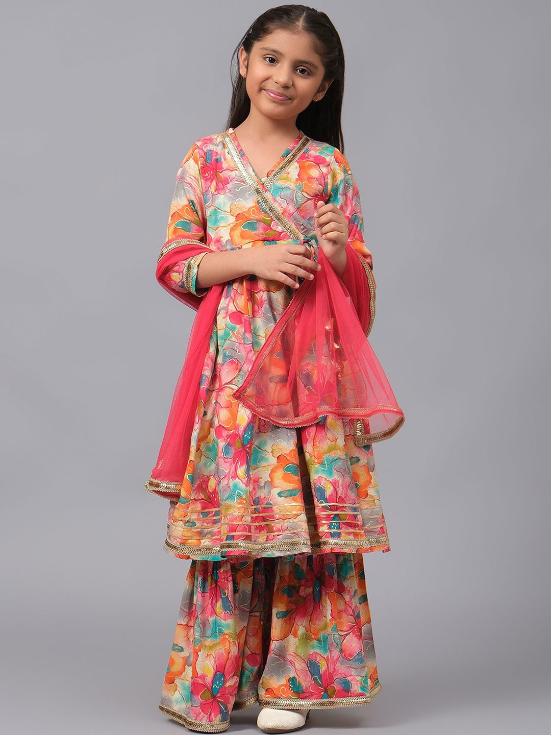 

BAESD Girls Floral Printed Angrakha Kurta with Sharara & With Dupatta, Pink