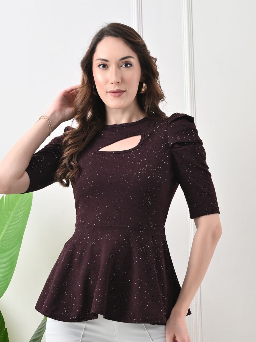 

IUGA Puff Sleeve Peplum Top, Purple