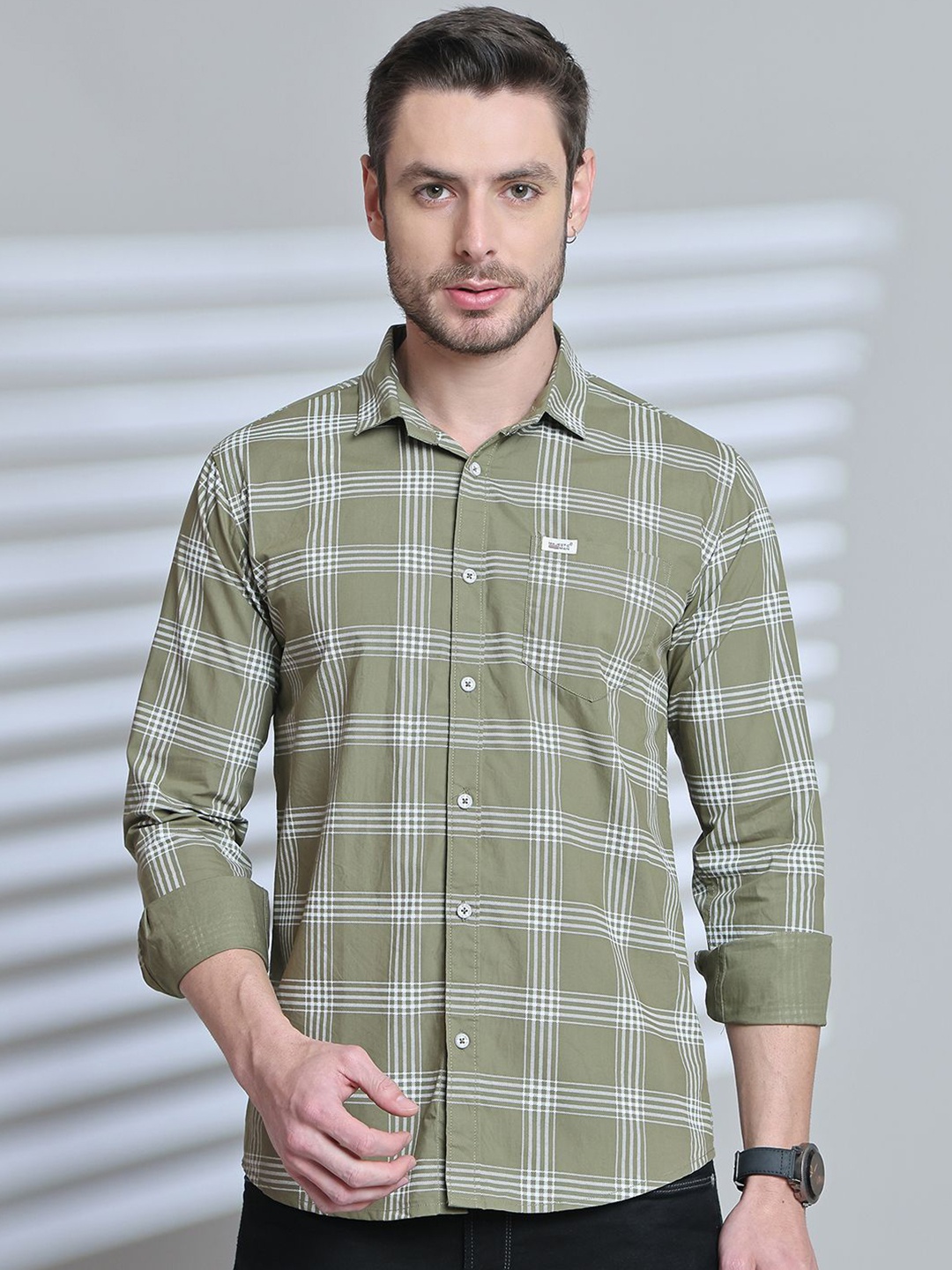 

Majestic Man Men Comfort Slim Fit Opaque Checked Casual Shirt, Olive