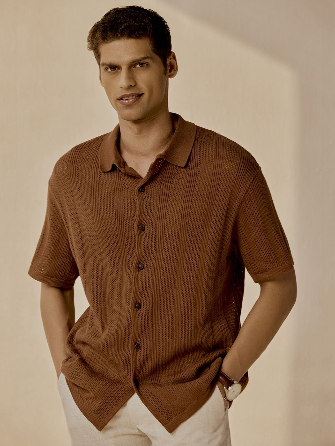 

Andamen Men Casual Organic Cotton Texture Regular Fit Shirt, Brown