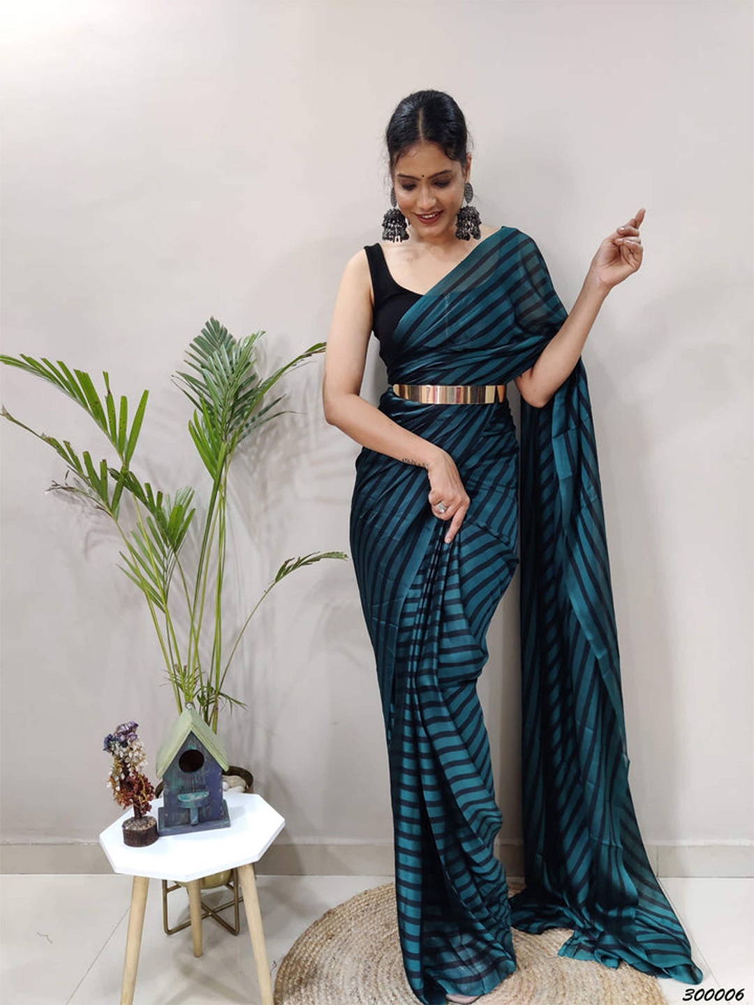

HERE&NOW Striped Satin Ready to Wear Jamdani Saree, Blue