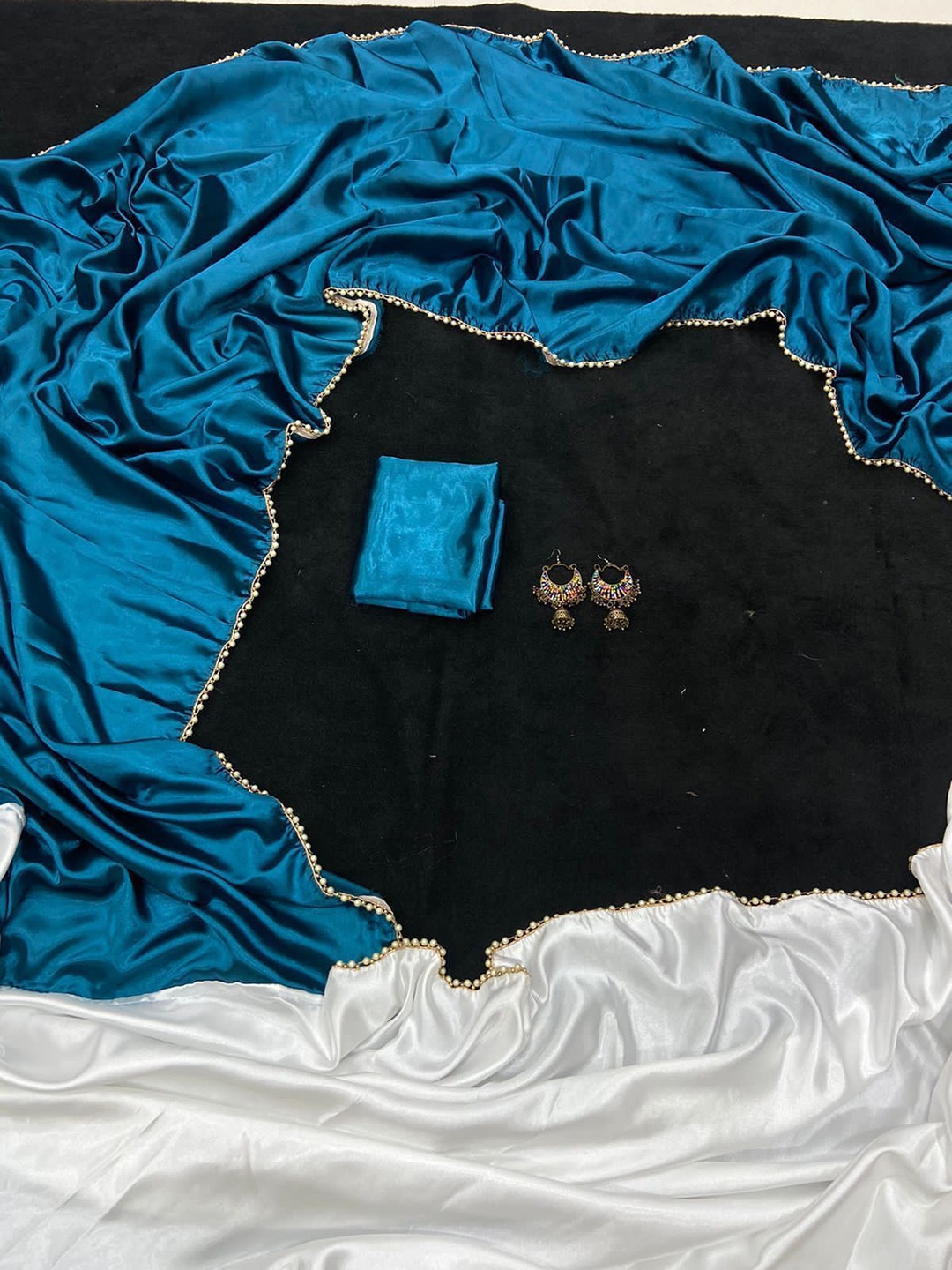 

Florence Beads and Stones Satin Saree, Turquoise blue