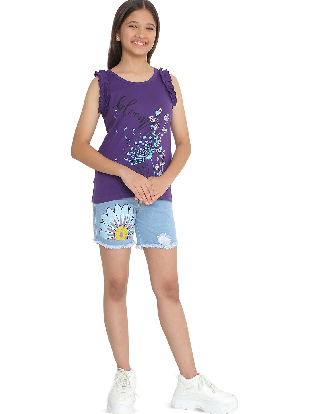 

TotzTouch Girls Printed T-shirt with Shorts, Purple