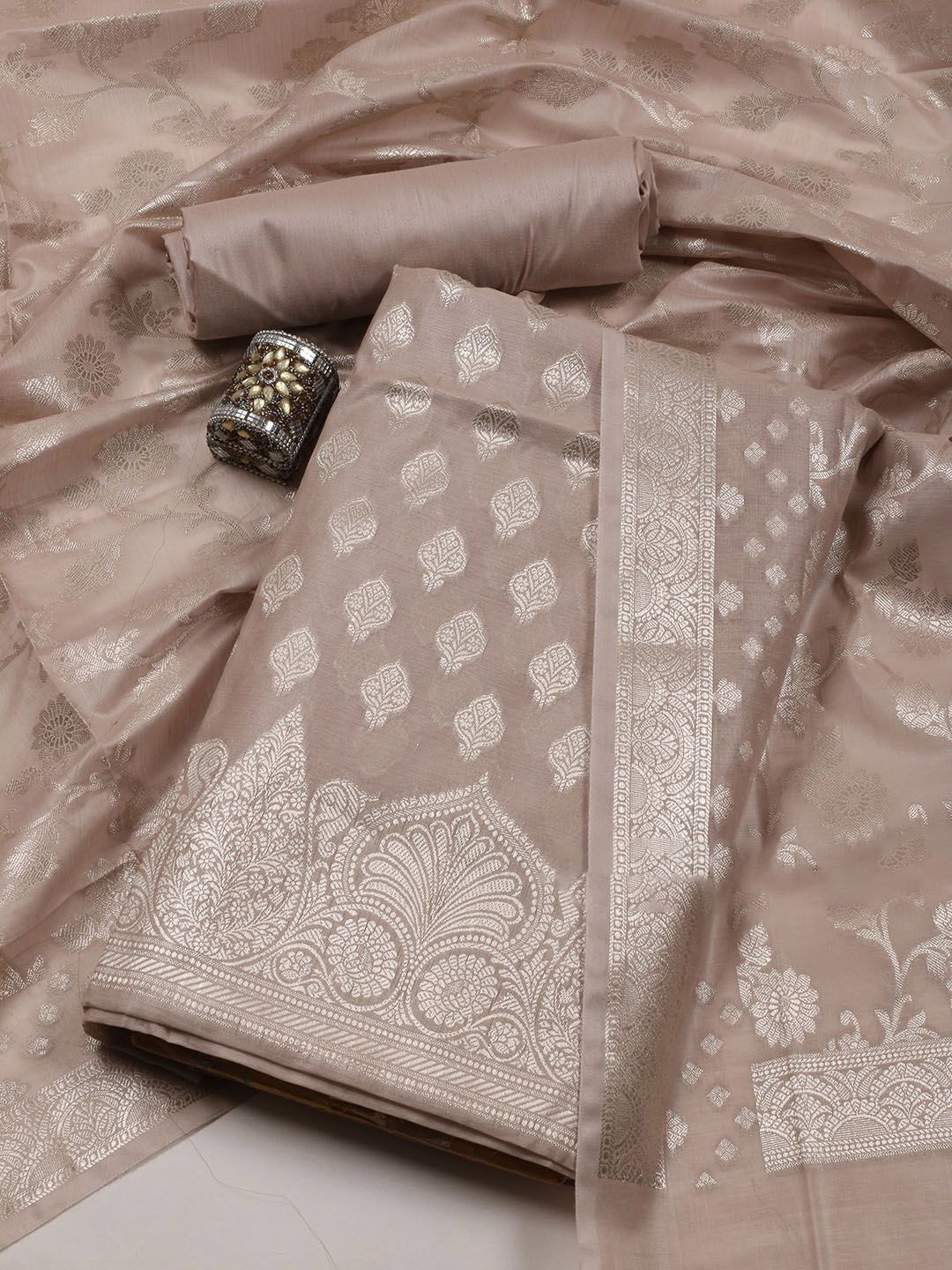 

Meena Bazaar Art Silk Unstitched Dress Material, Beige