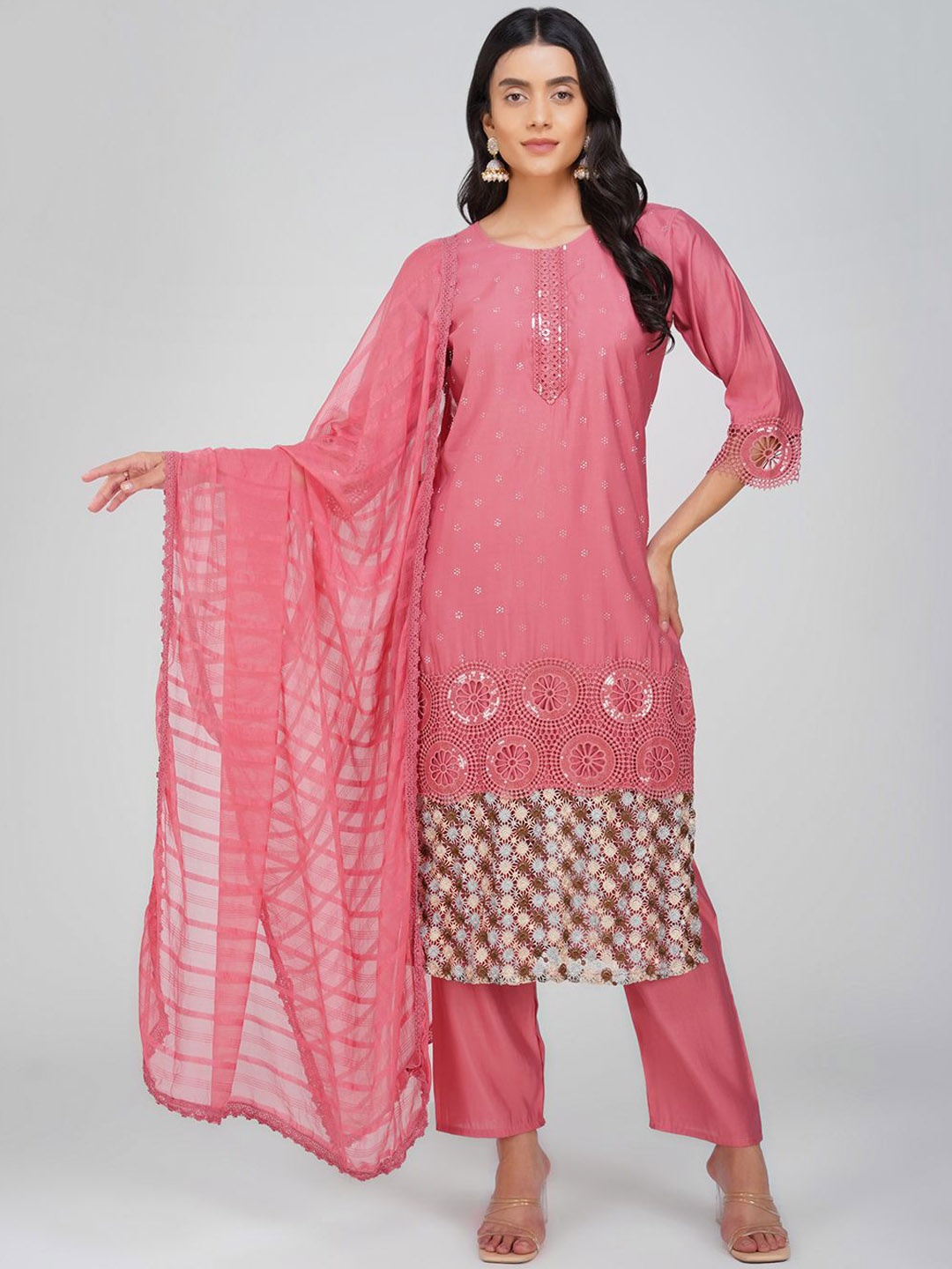 

Charitra Women Floral Embroidered Regular Sequinned Kurta with Trousers & With Dupatta, Peach