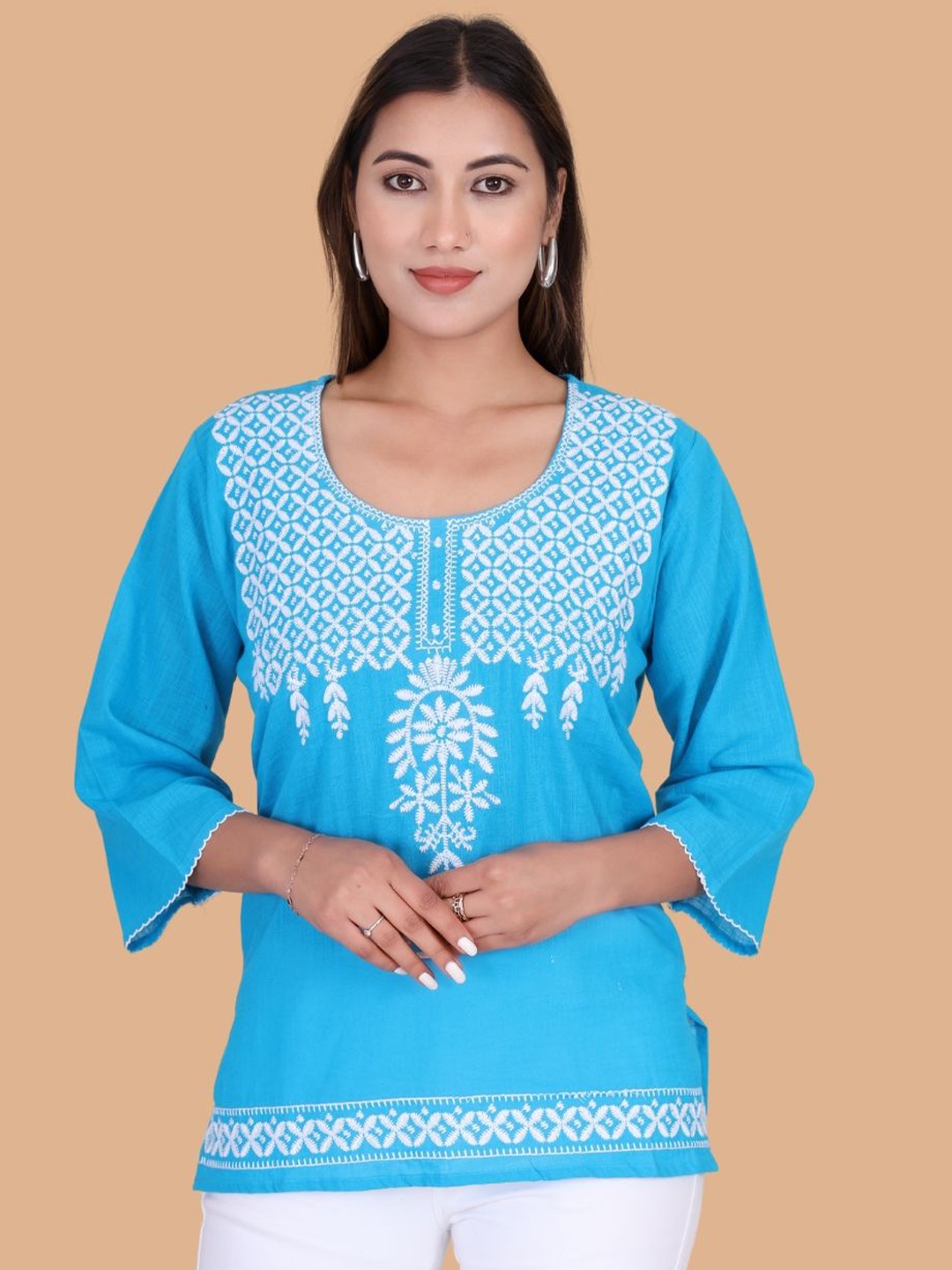 

Moda Rapido Floral Embroidered Flared Sleeves Pure Cotton Kurti, Blue