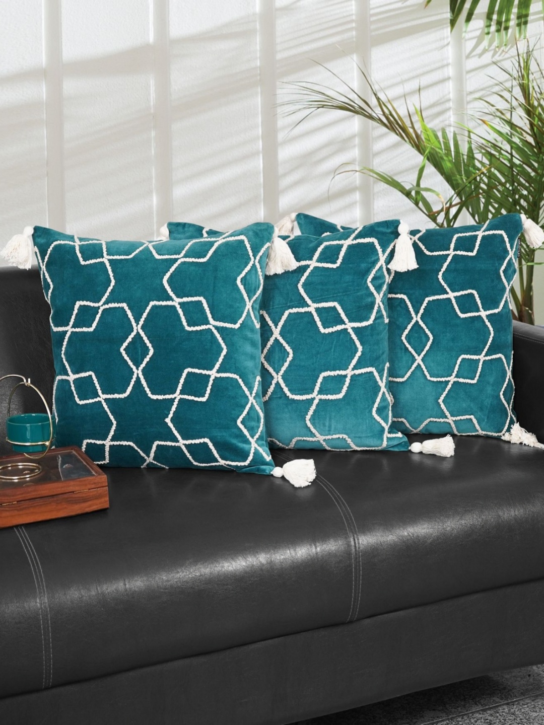 

Ode & Cleo Turquoise Blue & White Set of 3 Embroidered Square Cushion Covers