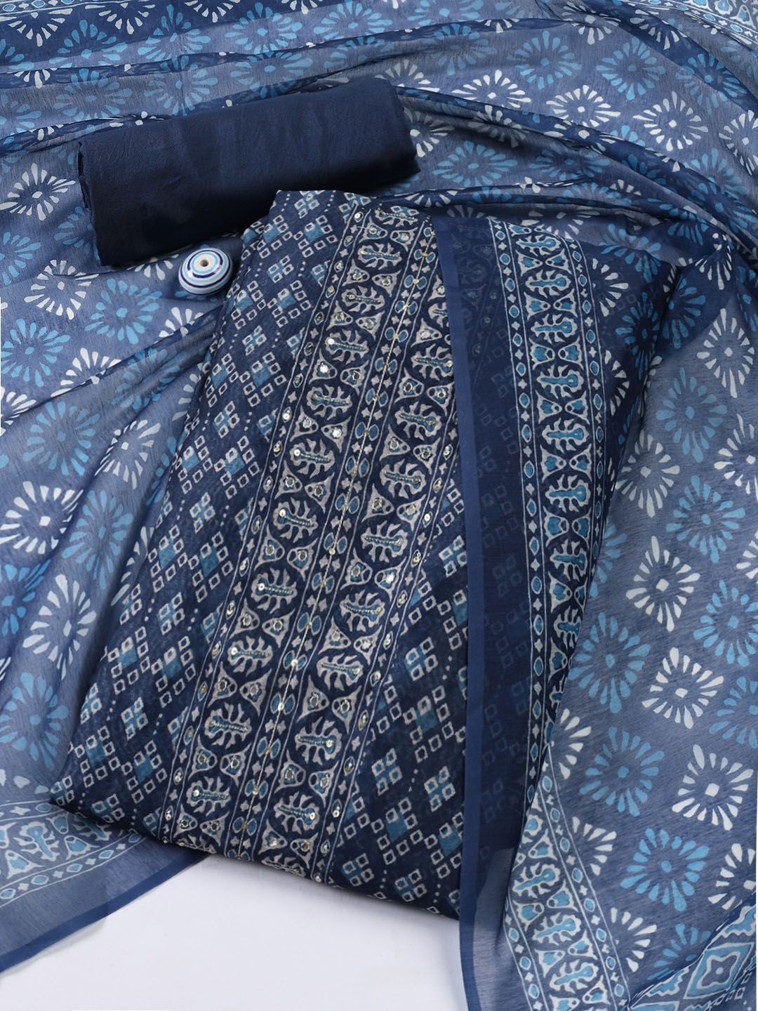 

Meena Bazaar Printed Art Silk Unstitched Dress Material, Navy blue