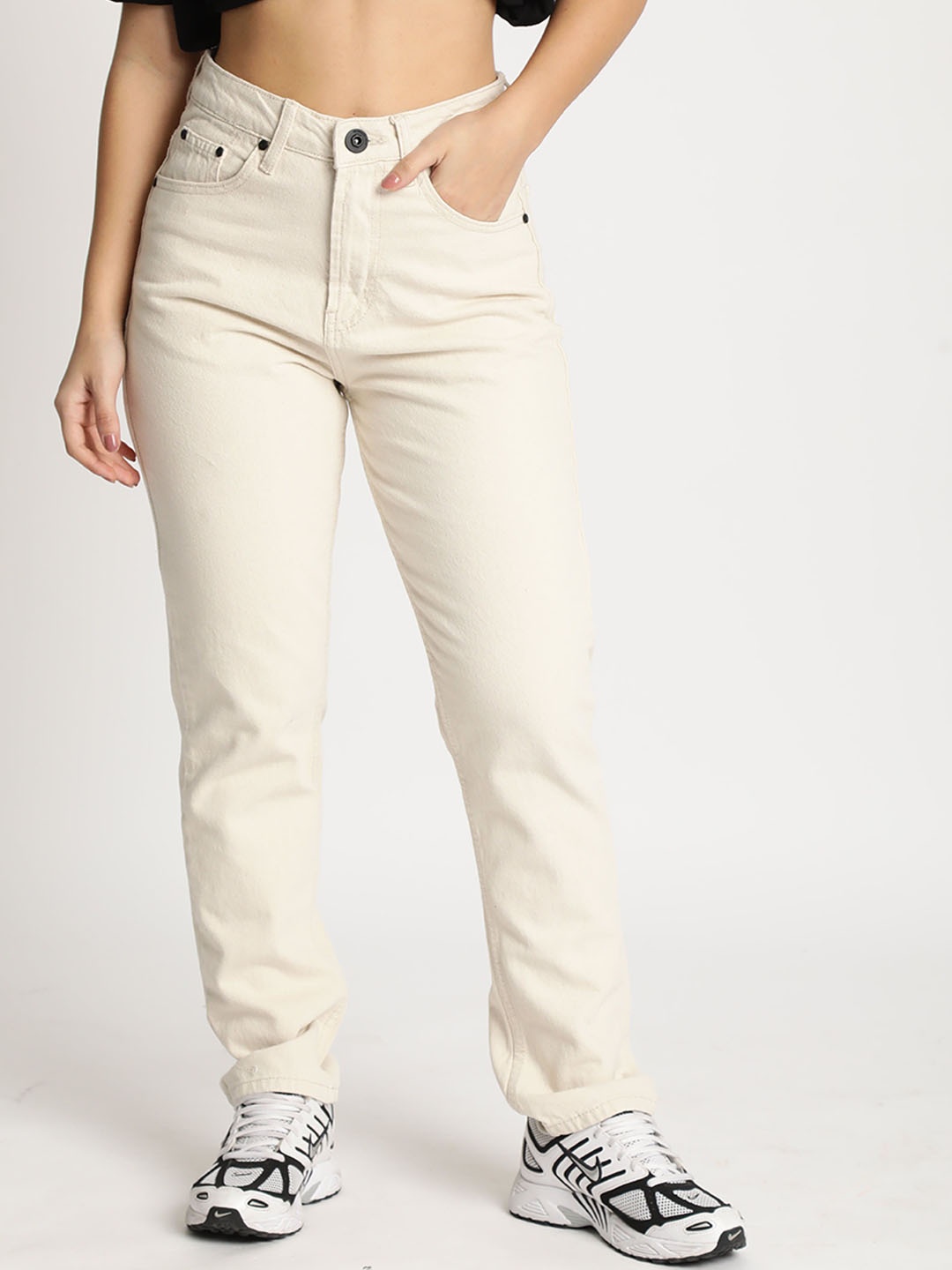 

The Roadster Lifestyle Co Cotton Mid-Rise Jeans, Cream
