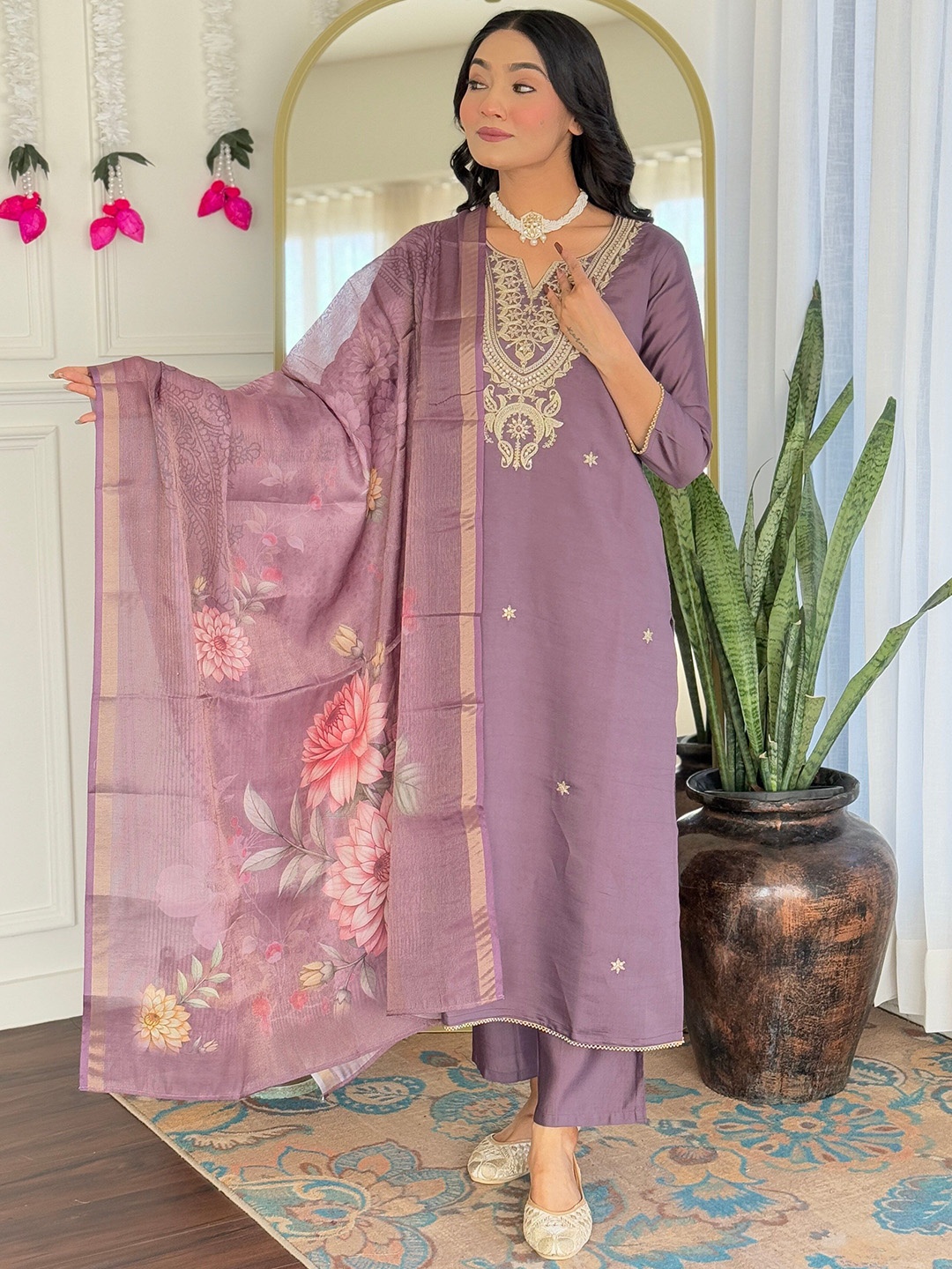 

KALINI Women Ethnic Motifs Embroidered Regular Kurta with Trousers & With Dupatta, Purple