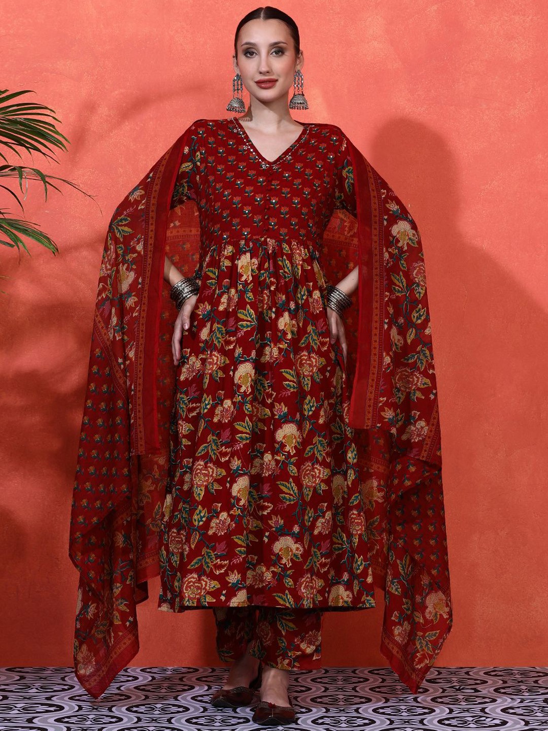 

Sangria Floral Embroidered A-Line Pure Cotton Kurta With Trousers & Dupatta, Red
