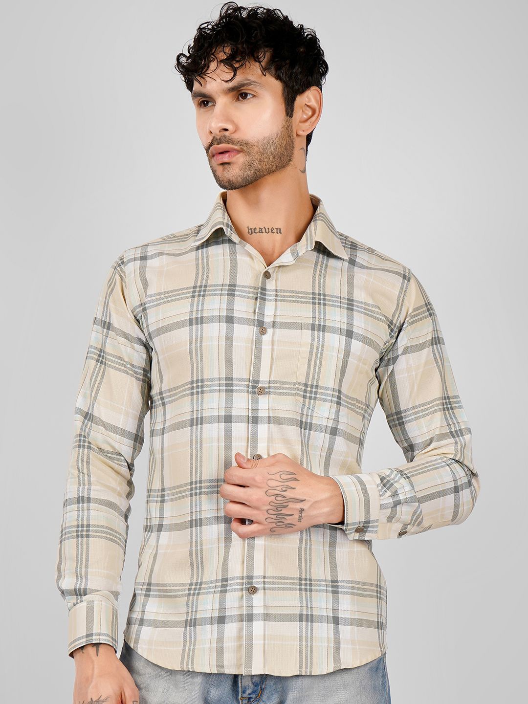 

DESIGN UP Men Classic Slim Fit Opaque Checked Casual Shirt, Beige