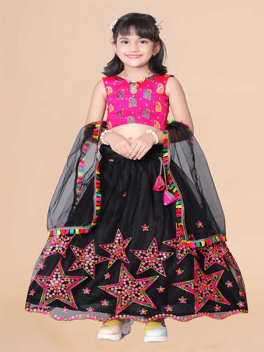 

Sainur creation Girls Embroidered Sequinned Ready to Wear Lehenga & Blouse With Dupatta, Black