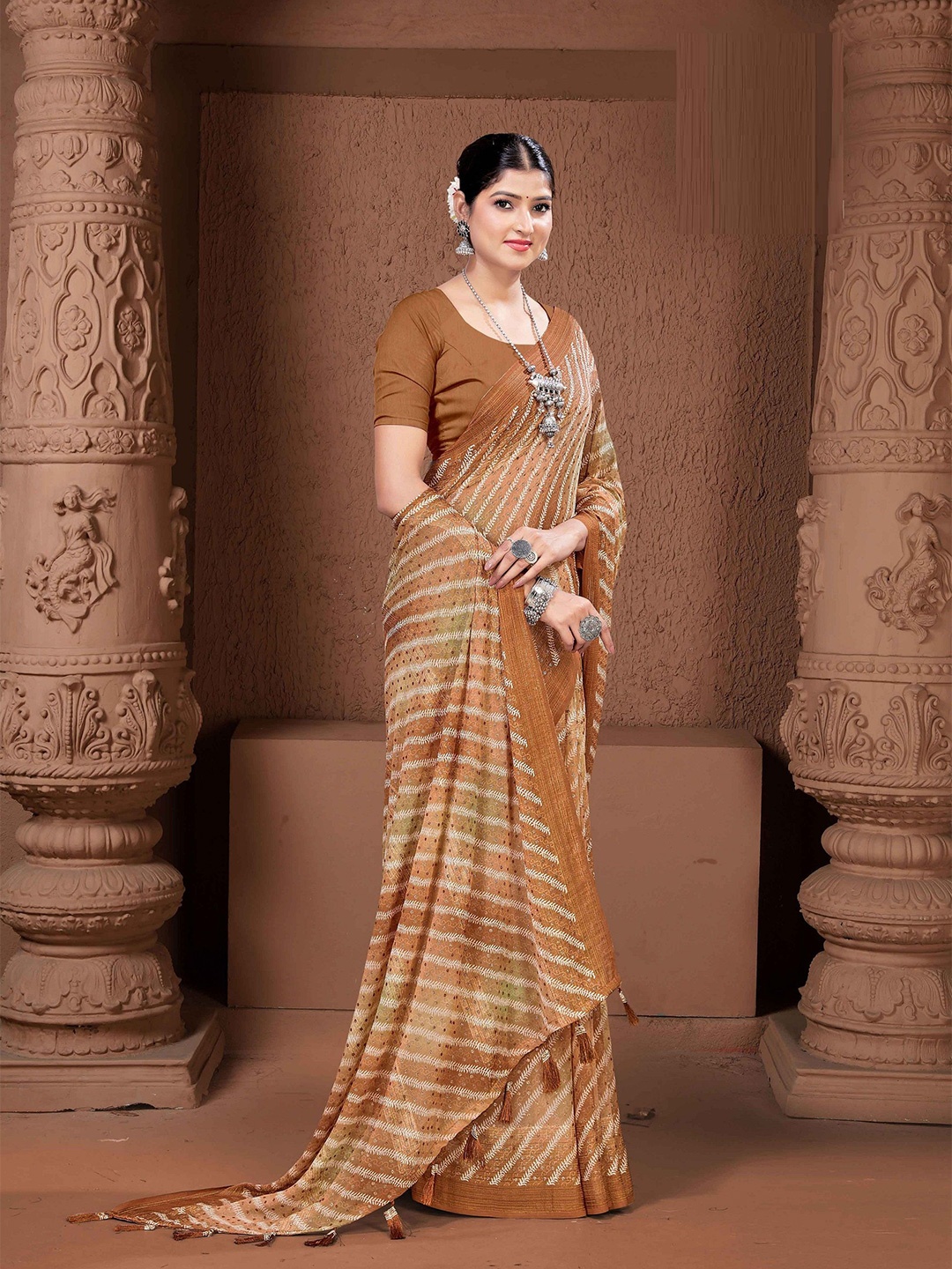 

MAHALASA Striped Pure Chiffon Saree, Brown