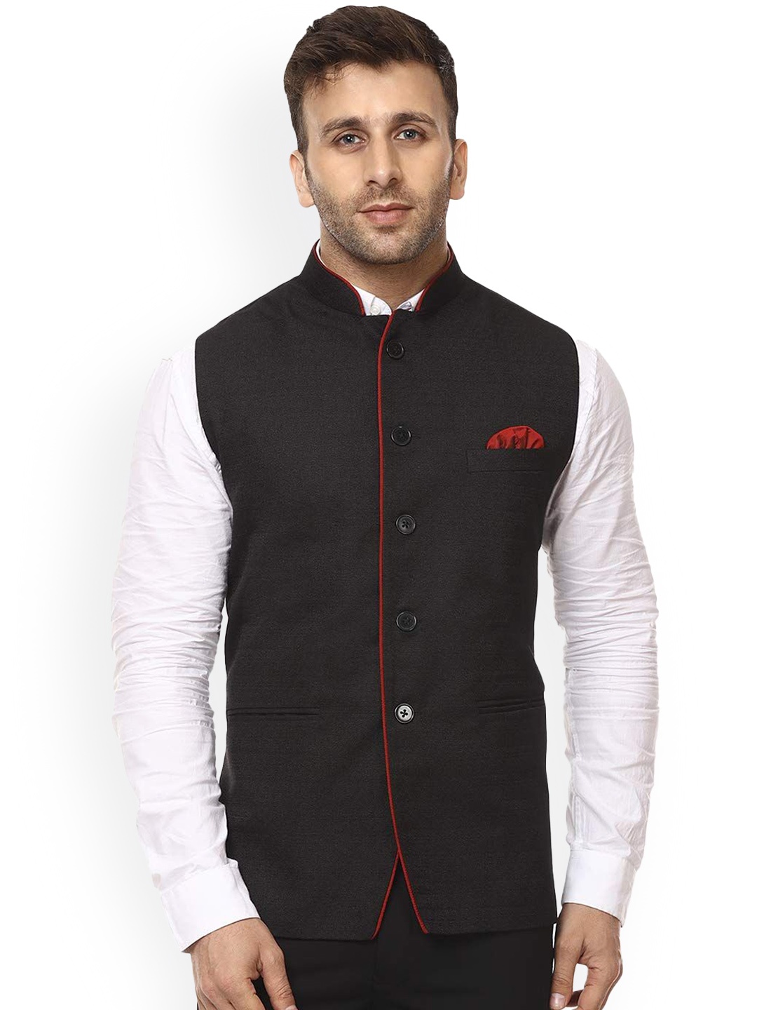 

VEERA PARIDHAAN Chinese Collar Nehru Jackets, Black