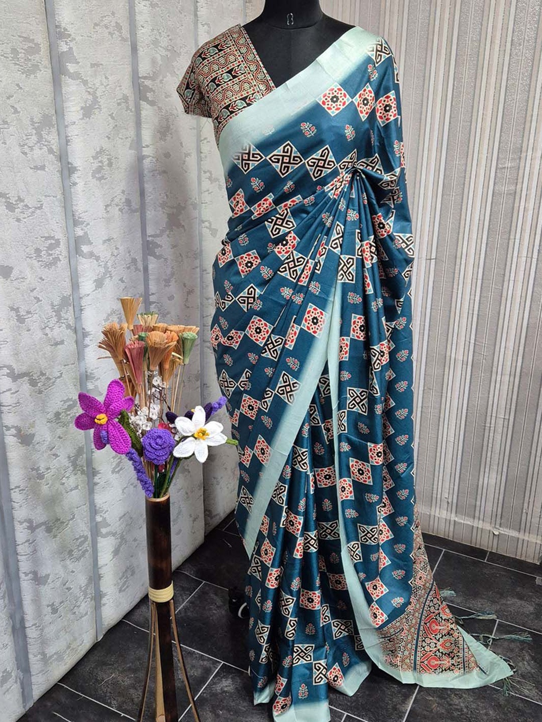 

Anouk Rustic Ajrak Block Satin Bagru Saree, Teal