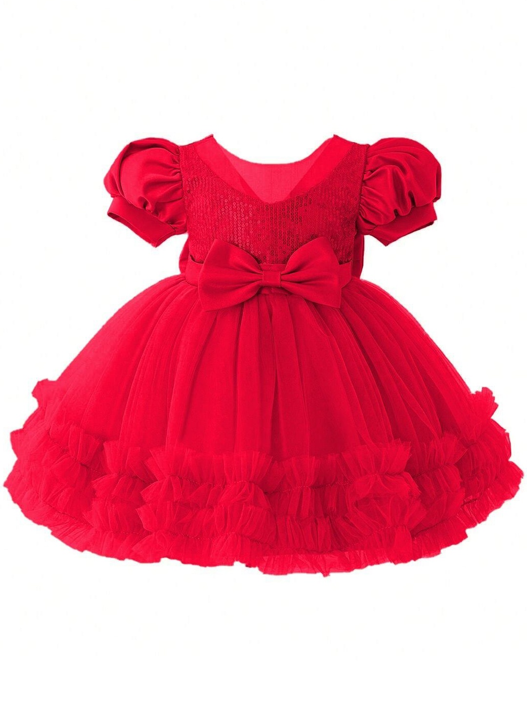 

Miss & Chief Embellished Embroidered Puff Sleeve Net Fit & Flare Dress, Red