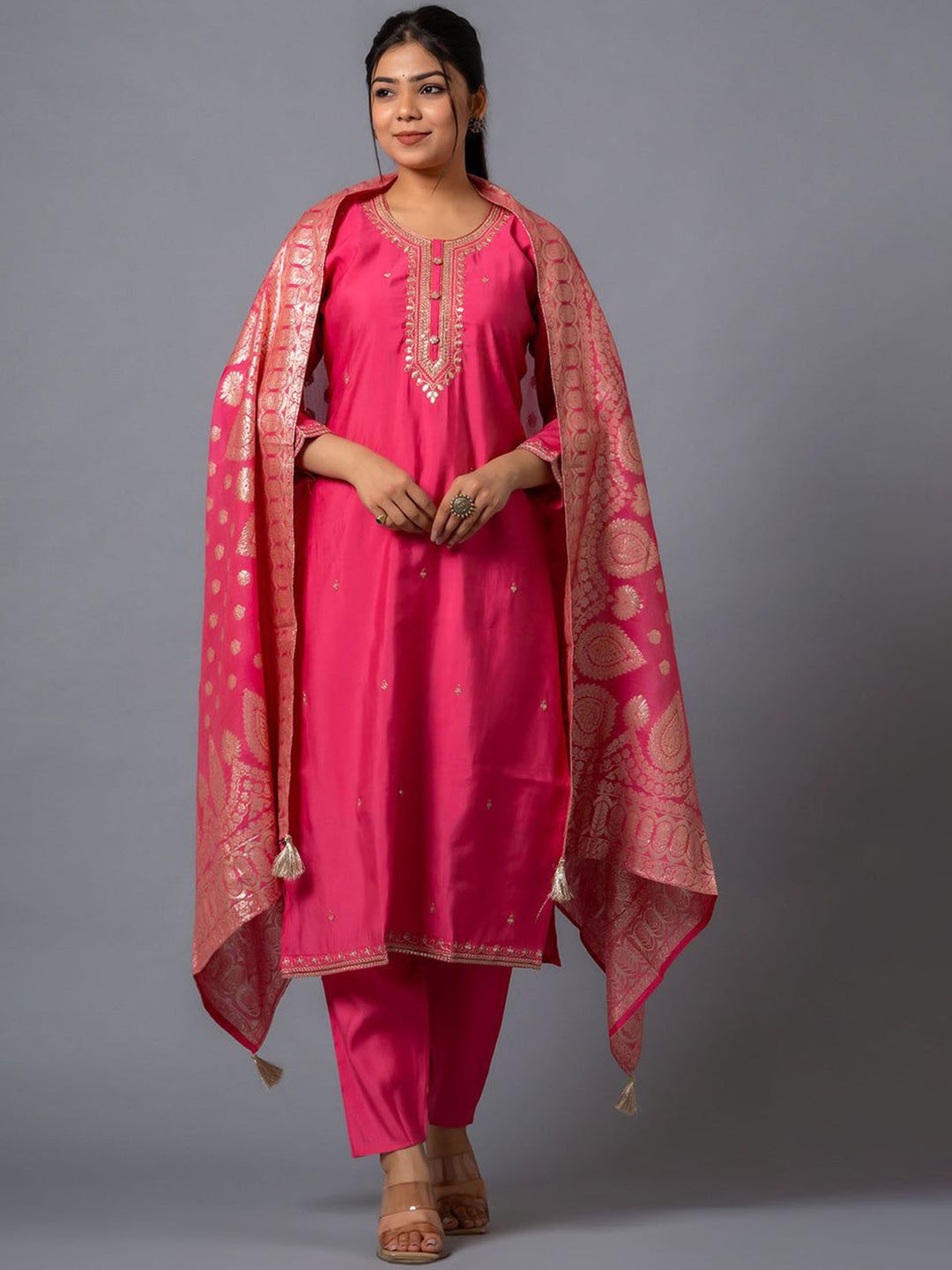 

KALINI Women Ethnic Motifs Regular Kurta with Trousers & With Dupatta, Pink