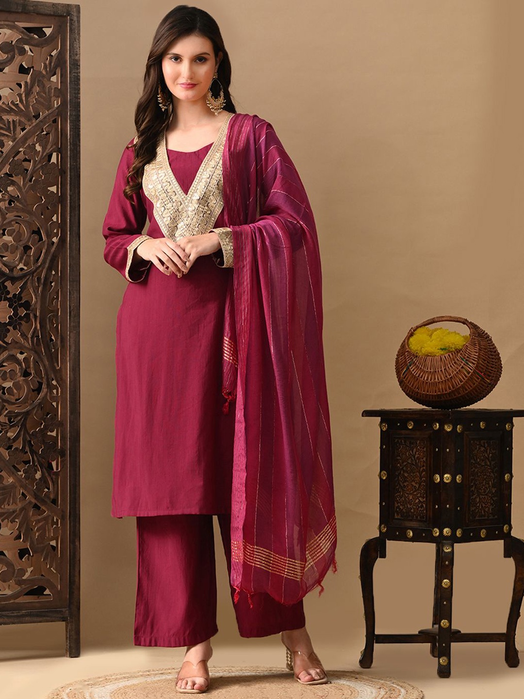 

Sangria Embroidered Round Neck Long Sleeves Kurta & Trousers With Dupatta, Magenta