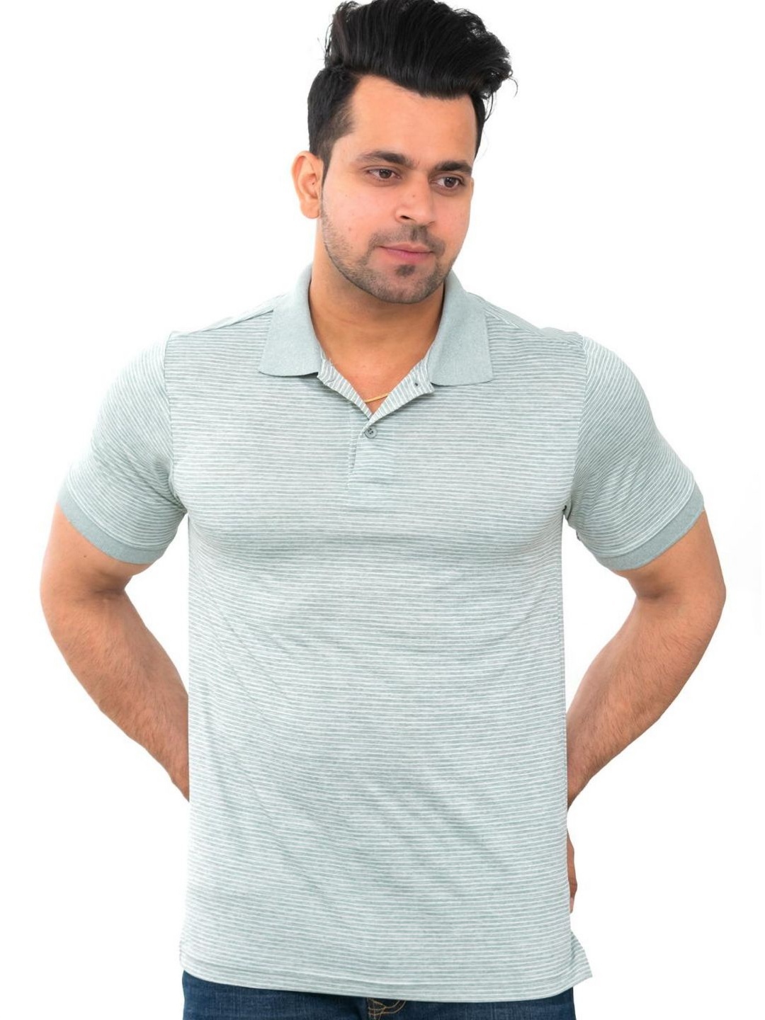 

Bishop Cotton Men Striped Polo Collar Pockets T-shirt, Grey melange