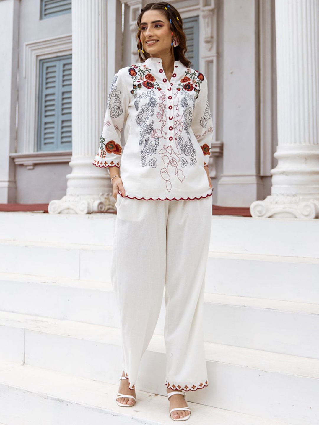 

Meena Bazaar Women Floral Embroidered Regular Thread Work Top with Trousers, Cream
